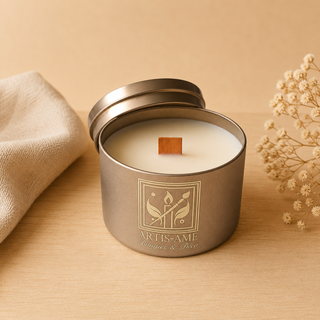 Bougie parfumée Lueur d'Or en cire végétale, mèche en bois et parfum de Grasse – ARTIS-ÂME