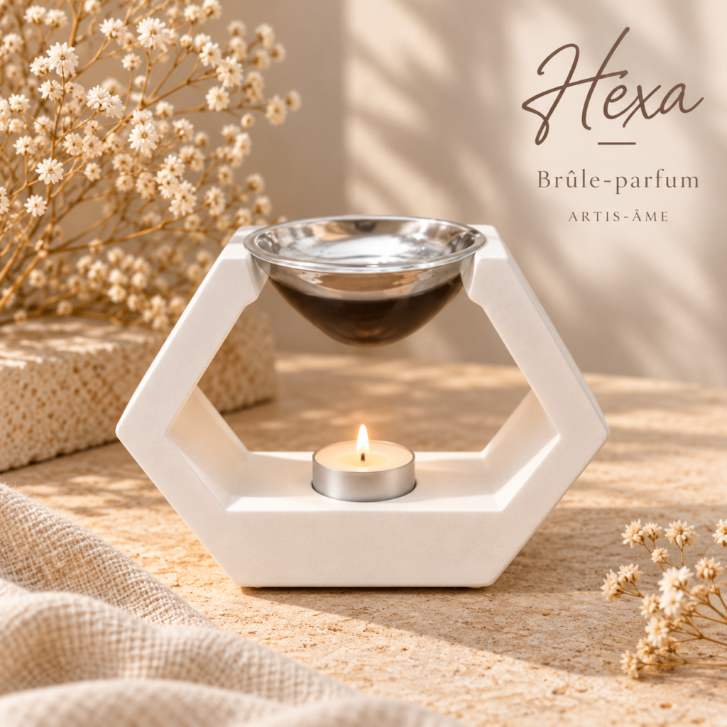 Brûle-parfum Hexa en plâtre blanc, création artisanale ARTIS-ÂME