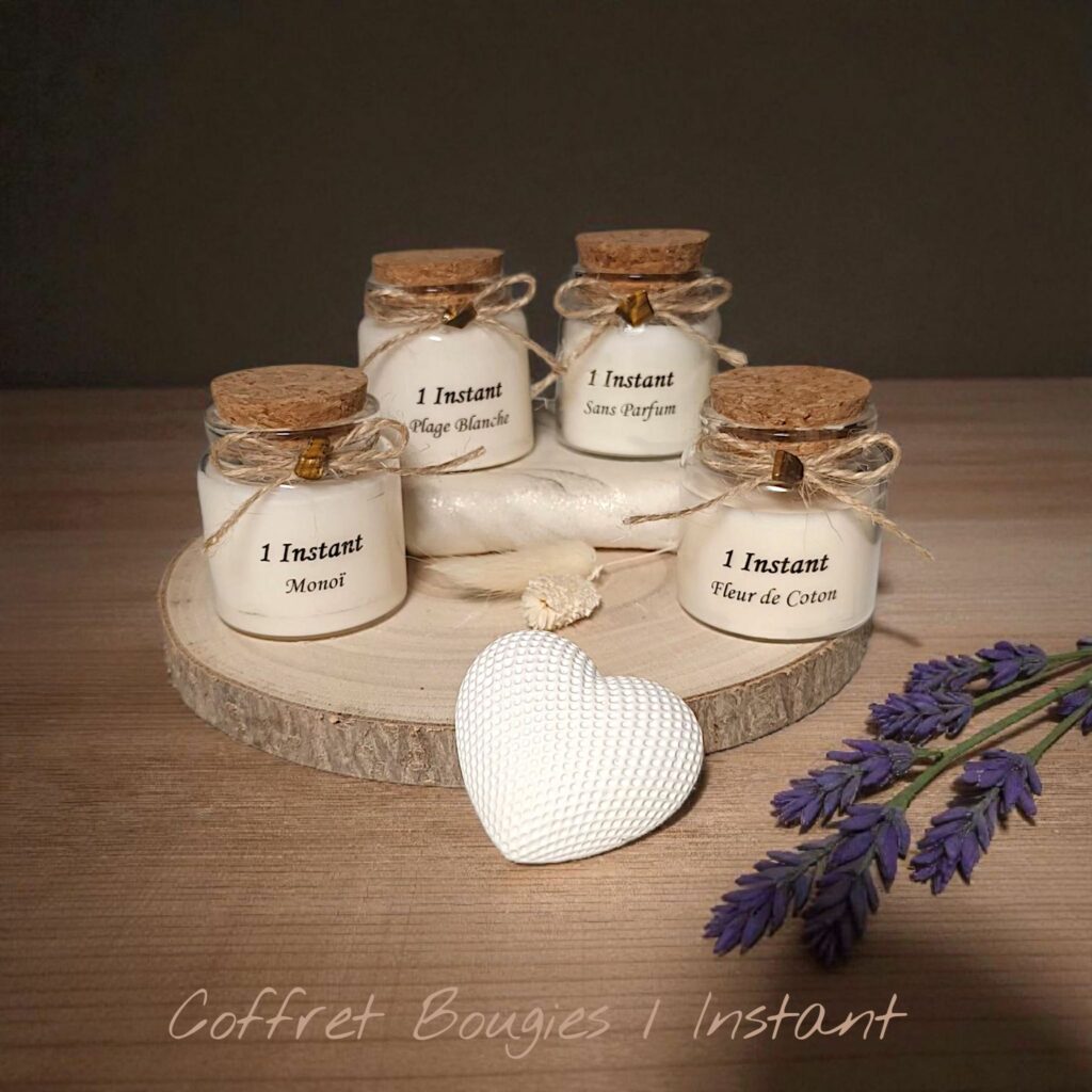 Coffret de mini bougies artisanales 1 Instant Artis Âme, 4 bougies naturelles en pots de verre avec bouchon en liège