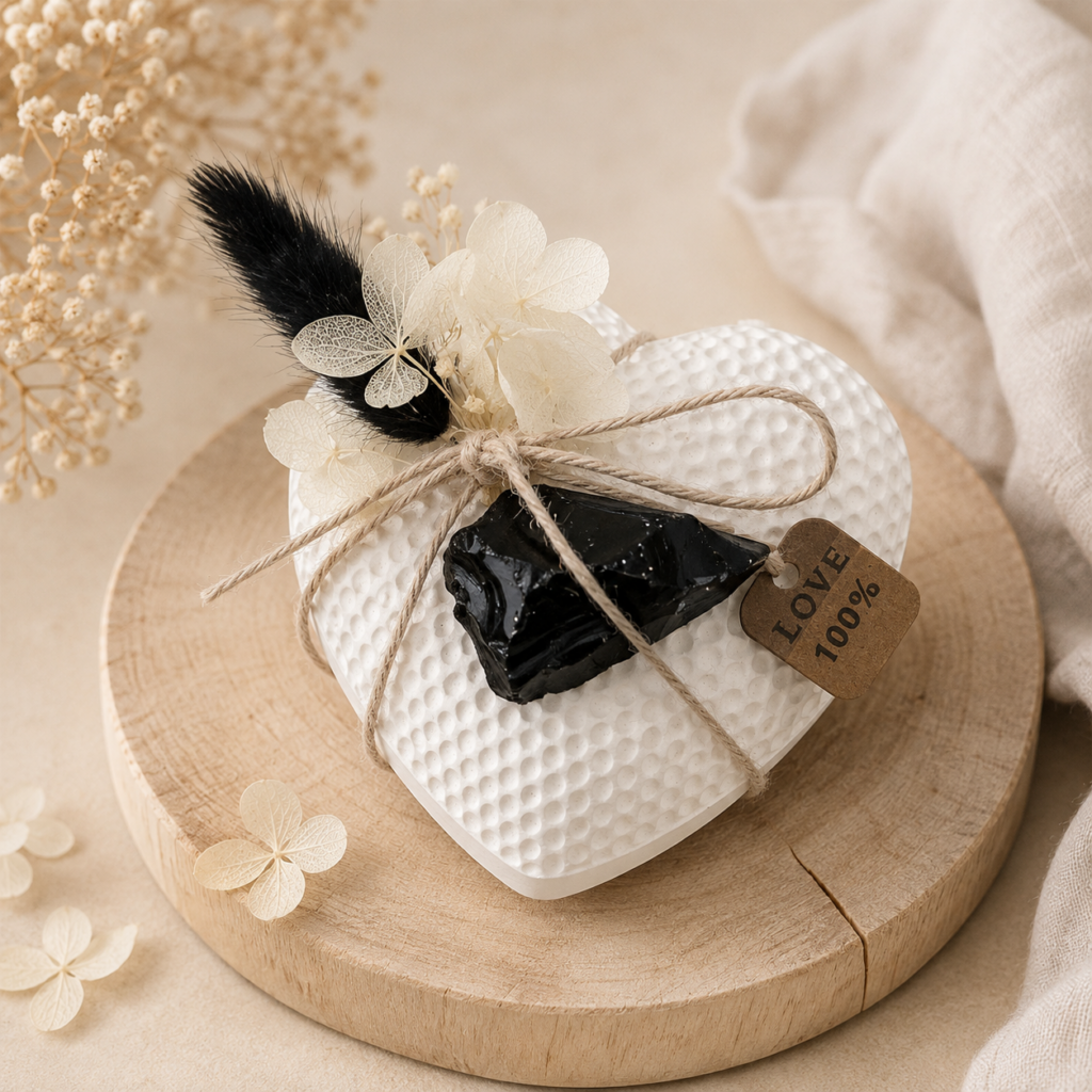 Cœur décoratif en plâtre avec pierre naturelle obsidienne – ARTIS-ÂME