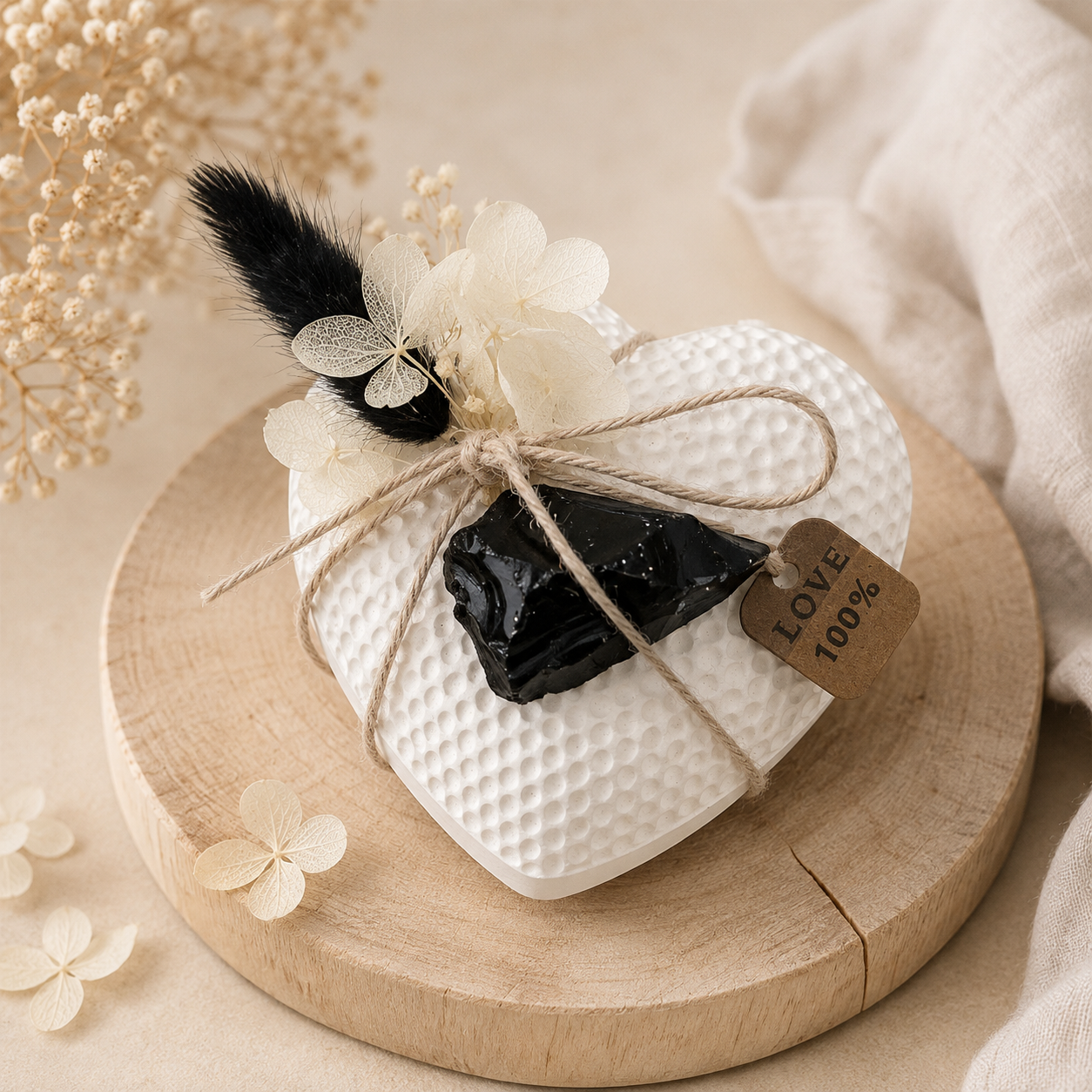 Cœur décoratif en plâtre avec pierre naturelle obsidienne – ARTIS-ÂME