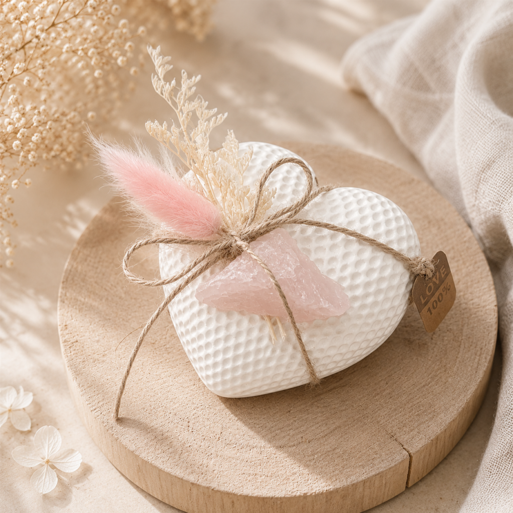 Cœur Quartz Rose artisanal en plâtre avec pierre naturelle et fleurs séchées