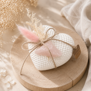 Cœur Quartz Rose artisanal en plâtre avec pierre naturelle et fleurs séchées