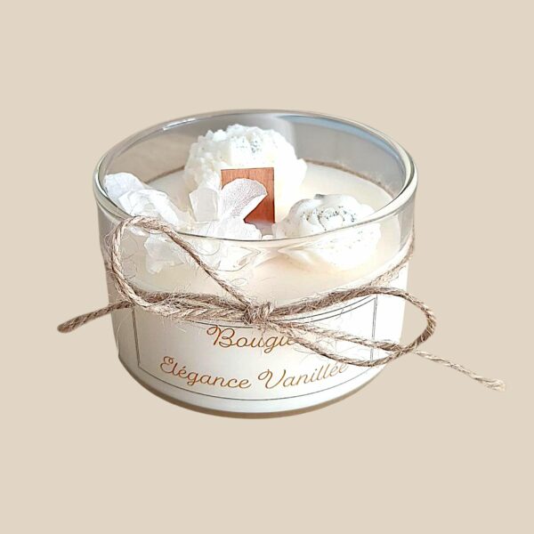 Bougie artisanale Élegance Vanillée dans un pot en verre avec mèche en bois