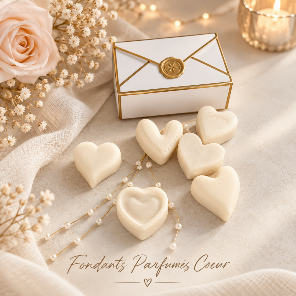 Six fondants parfumés artisanaux Fleur de coton en forme de cœurs ivoire aux reliefs variés, présentés avec un coffret blanc et doré dans une ambiance douce et élégante ARTIS-ÂME.