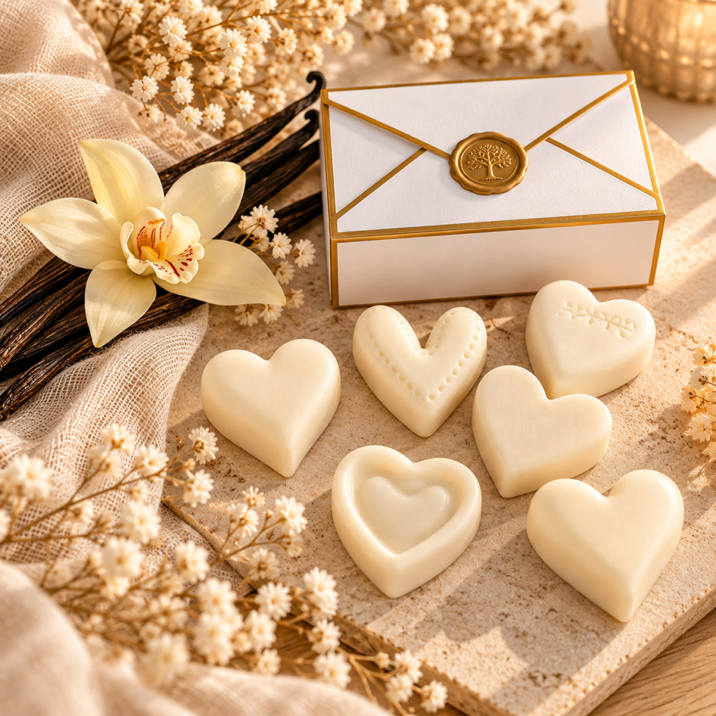 Fondants parfumés Vanille des Îles, 6 cœurs de 15 g en cire végétale, présentés avec leur boîte cadeau blanche à cachet doré.