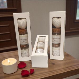 Coffret Douceur – 2 mini bougies parfumées & cœur en plâtre