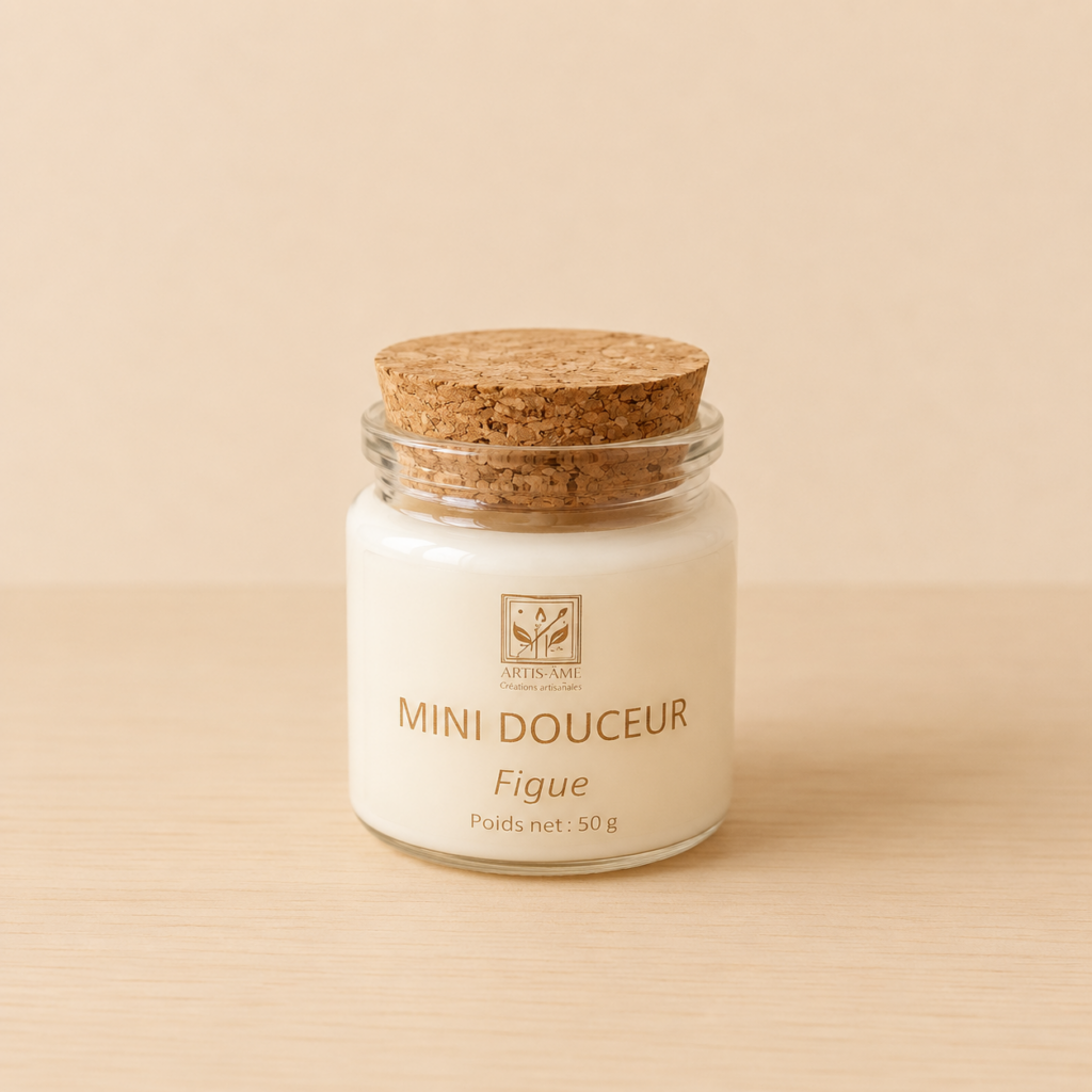Mini Douceur – Bougie parfumée artisanale en cire végétale parfum Figue avec bouchon en liège – ARTIS-ÂME