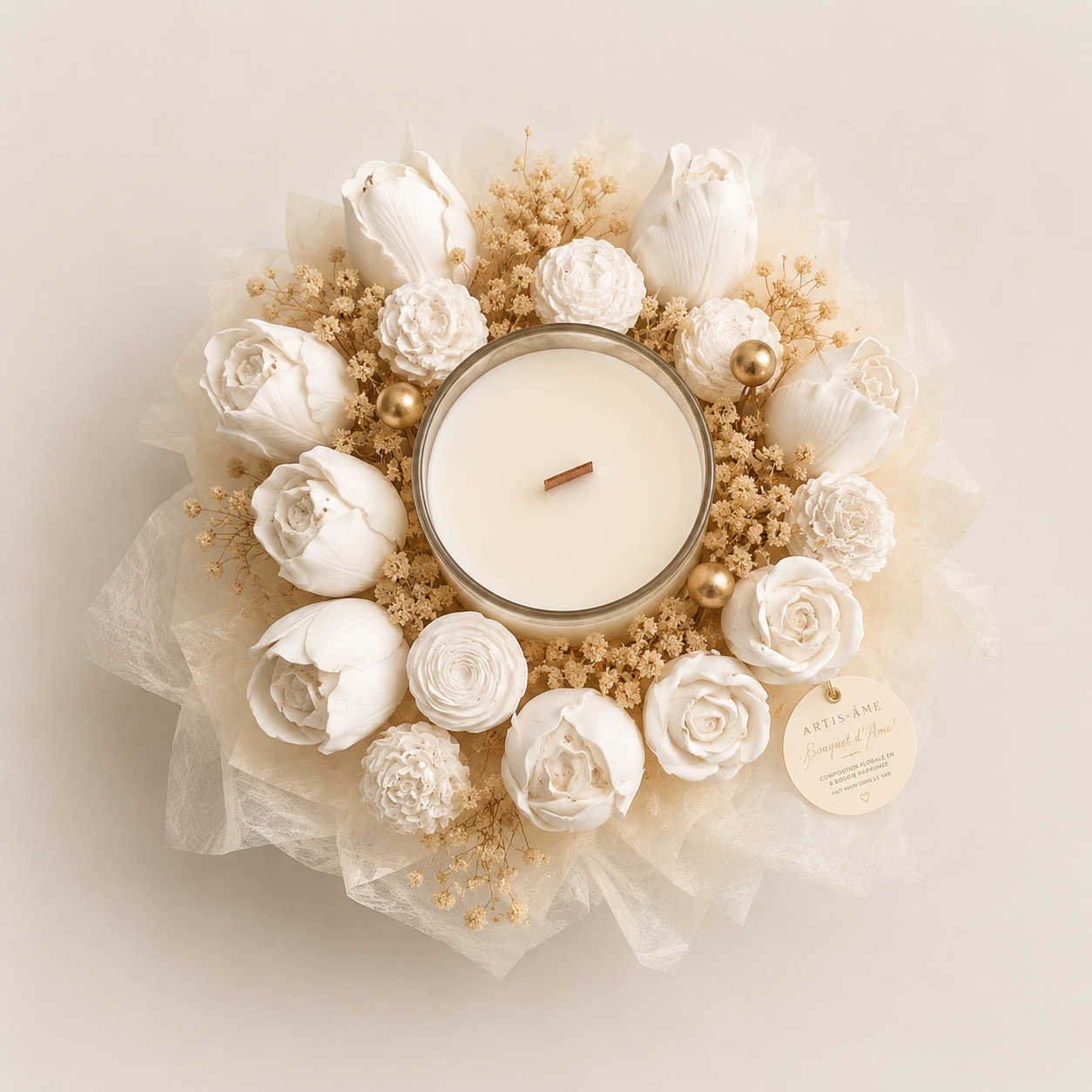 Composition florale en plâtre avec bougie parfumée rechargeable Bouquet d'Âme ARTIS-ÂME vue de dessus