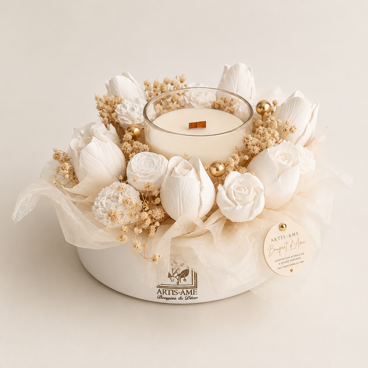 Bouquet d'Âme, composition florale artisanale en plâtre avec bougie parfumée remplaçable 120 g ARTIS-ÂME
