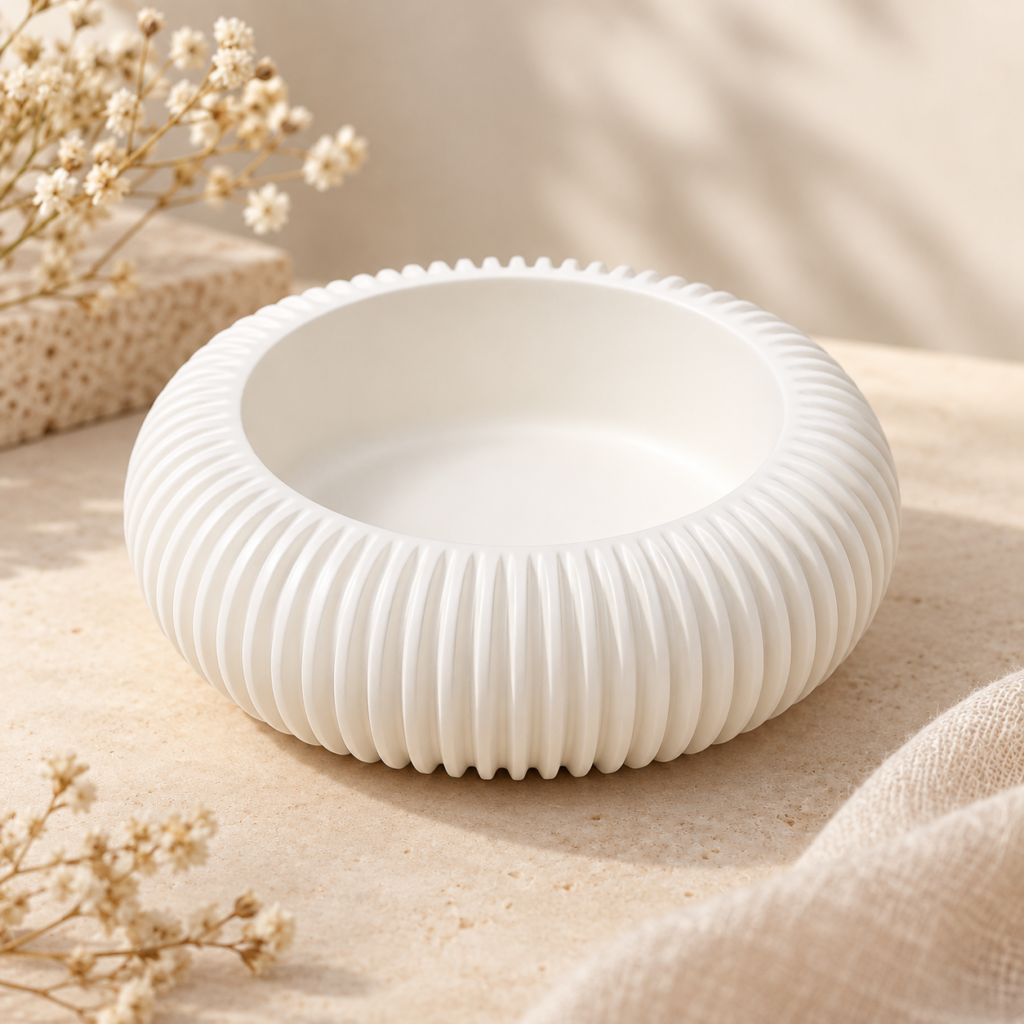 Halo d’Ivoire, coupe décorative artisanale en plâtre blanc strié – ARTIS-ÂME