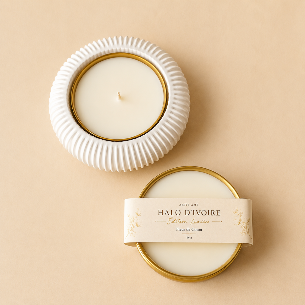 Halo d'Ivoire Édition Lumière – bougie artisanale en cire de soja