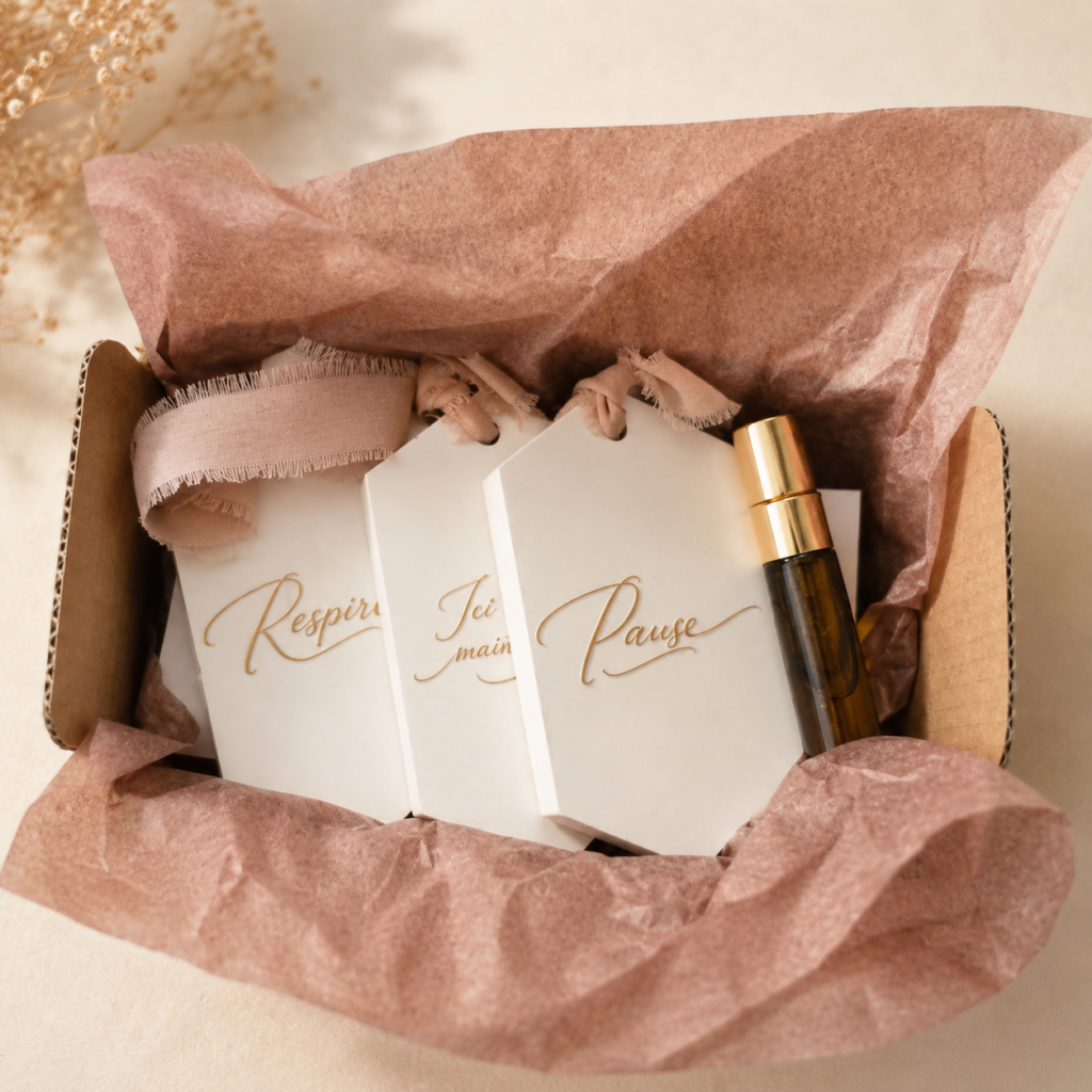 Coffret Instant Présent ARTIS-ÂME avec trois suspensions parfumables Respire, Pause et Ici & Maintenant, accompagnées d’un vaporisateur de parfum.