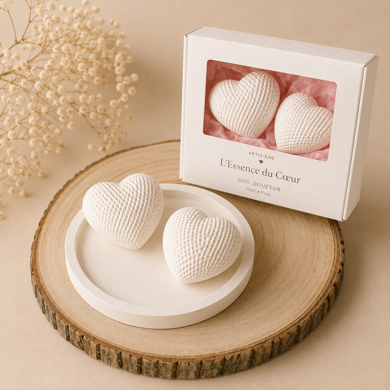 Duo de cœurs décoratifs en plâtre avec coffret ARTIS-ÂME