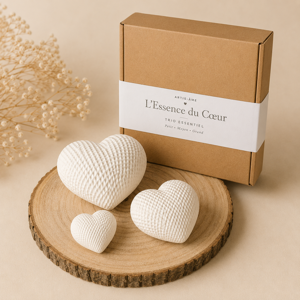Trio de cœurs décoratifs en plâtre avec coffret ARTIS-ÂME