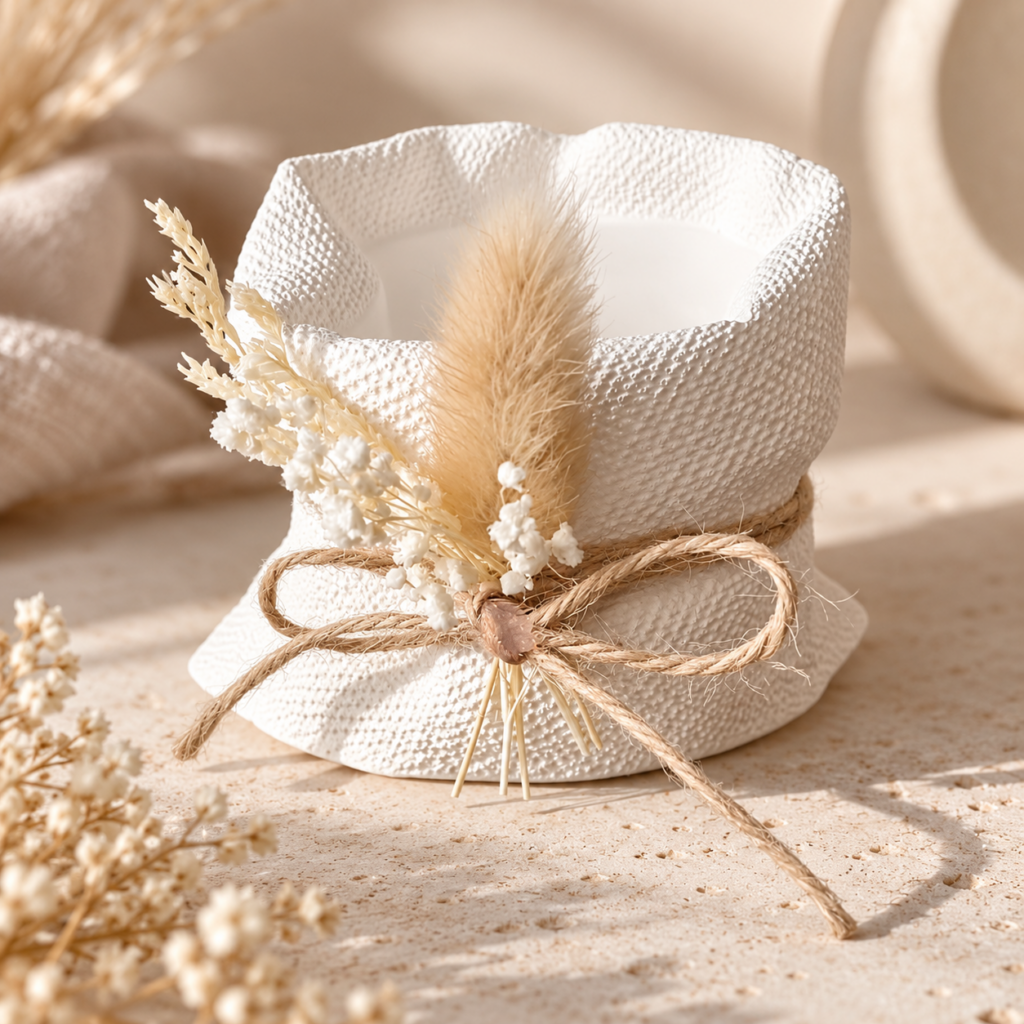 Nid Bohème Nature, objet décoratif en plâtre fait main orné de fleurs séchées