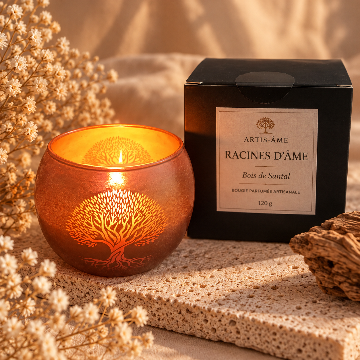 Bougie parfumée bois de santal Racines d’Âme allumée, arbre de vie lumineux et boîte cadeau noire ARTIS-ÂME.