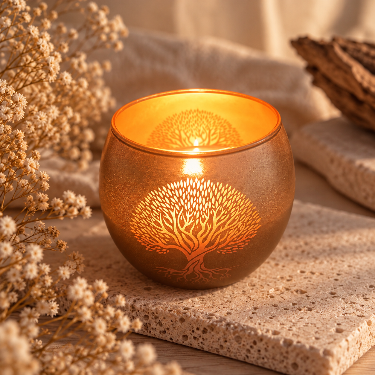 Bougie parfumée bois de santal Racines d’Âme allumée, dans un contenant champagne doré avec arbre de vie translucide illuminé de l’intérieur.