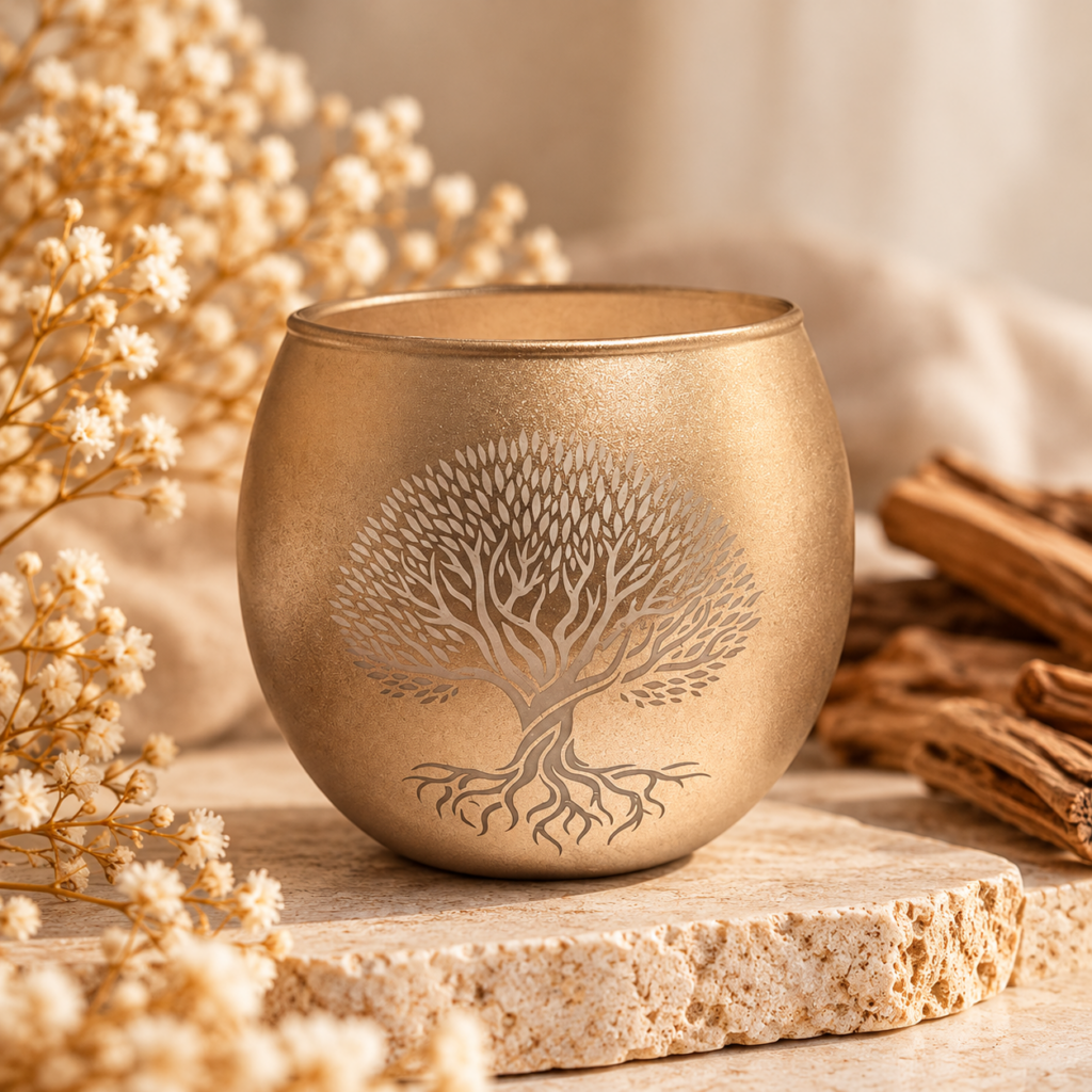 Bougie parfumée bois de santal Racines d’Âme, contenant champagne doré orné d’un arbre de vie, création artisanale ARTIS-ÂME.
