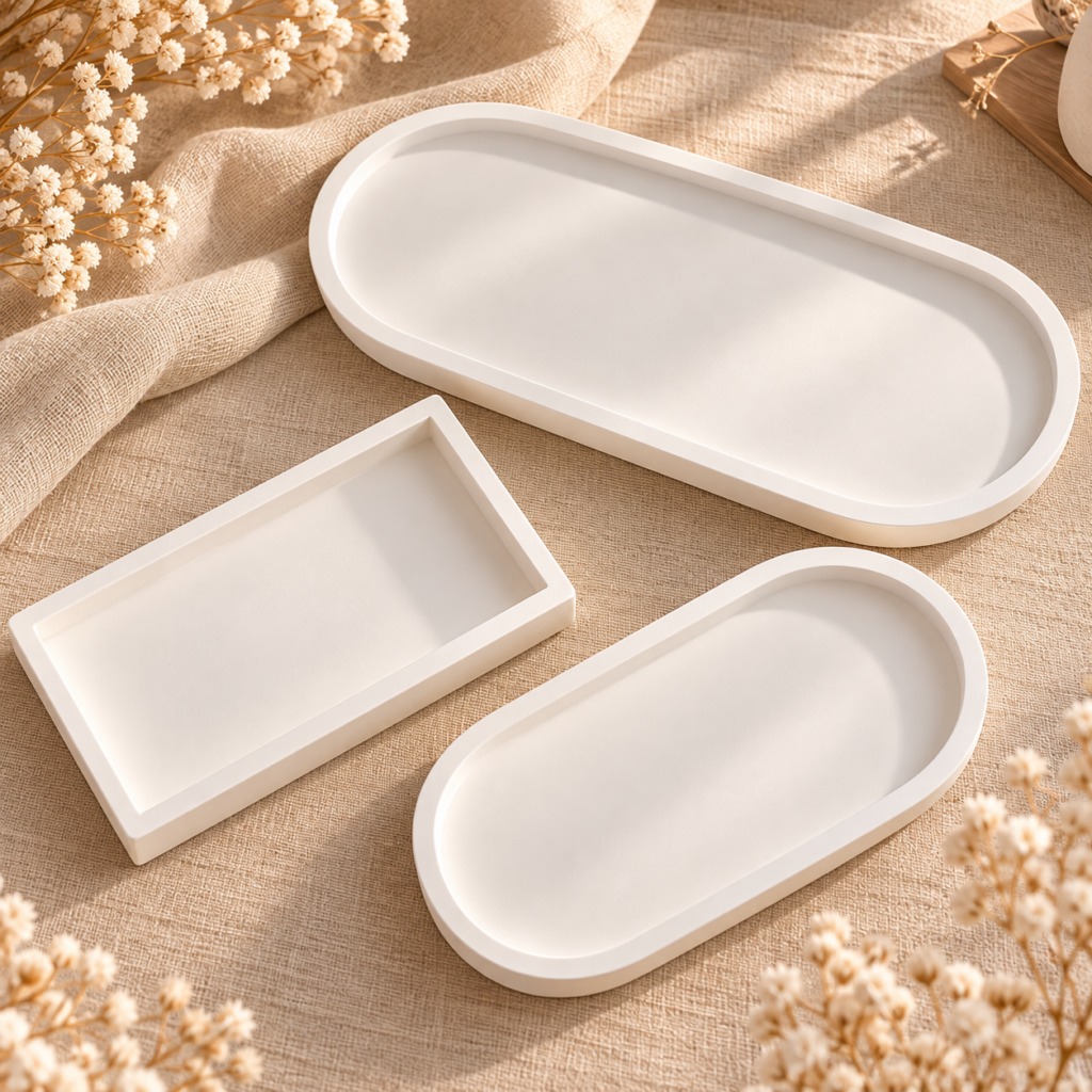 Plateaux décoratifs en plâtre faits main – Épure, Écrin et Horizon